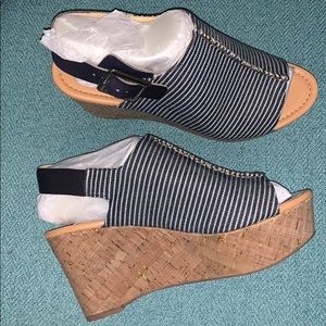 Marc Fisher Sinthya Blue Stripe Denim Cork Wedge